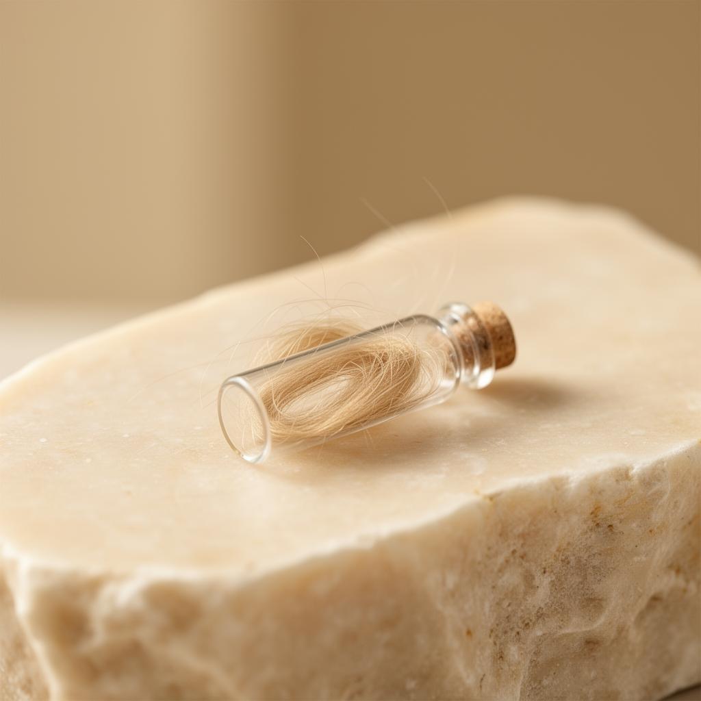 Small glass vial with hair sample on warm cream stone