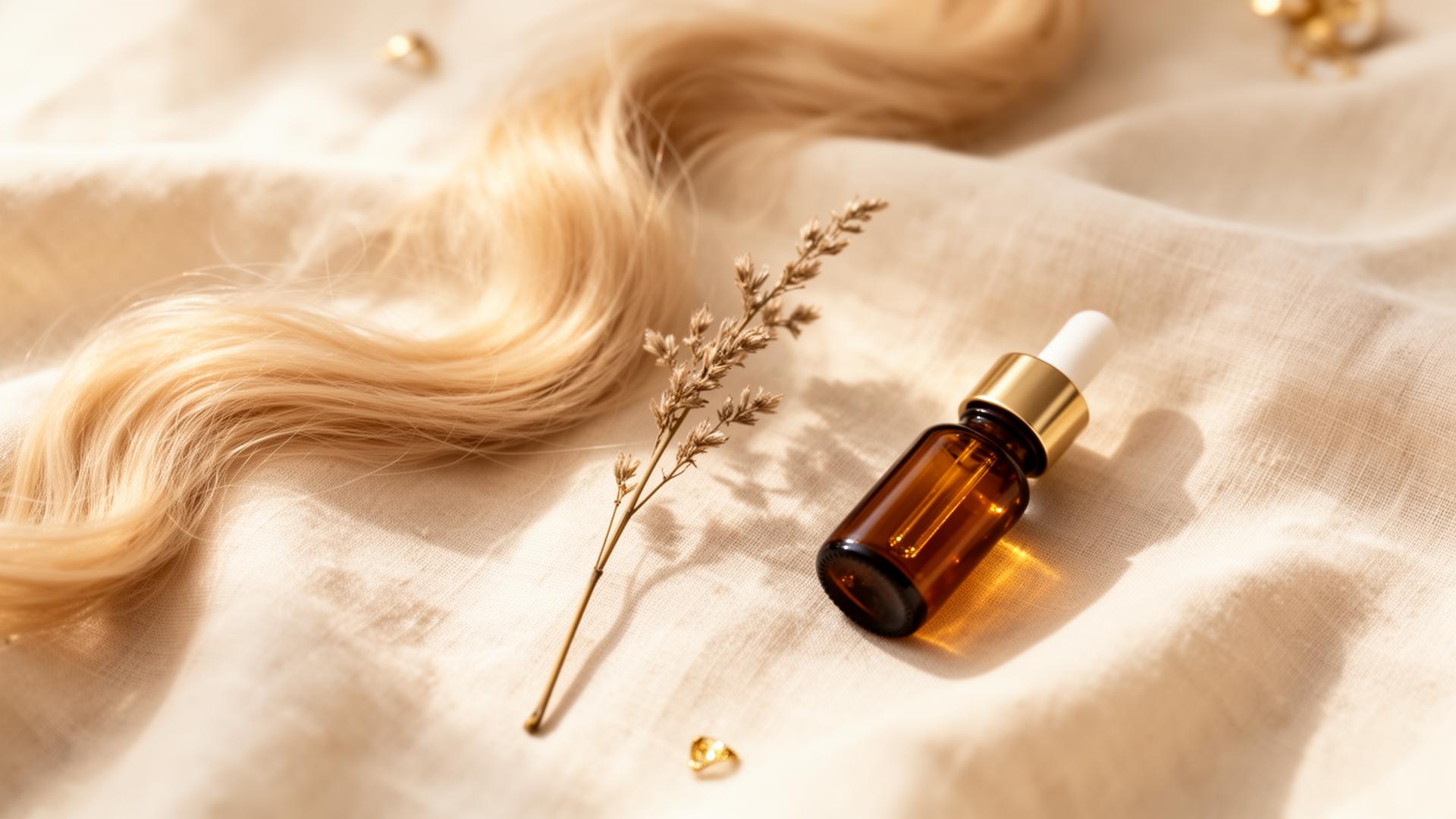 Soft strand of hair on warm linen with amber dropper bottle